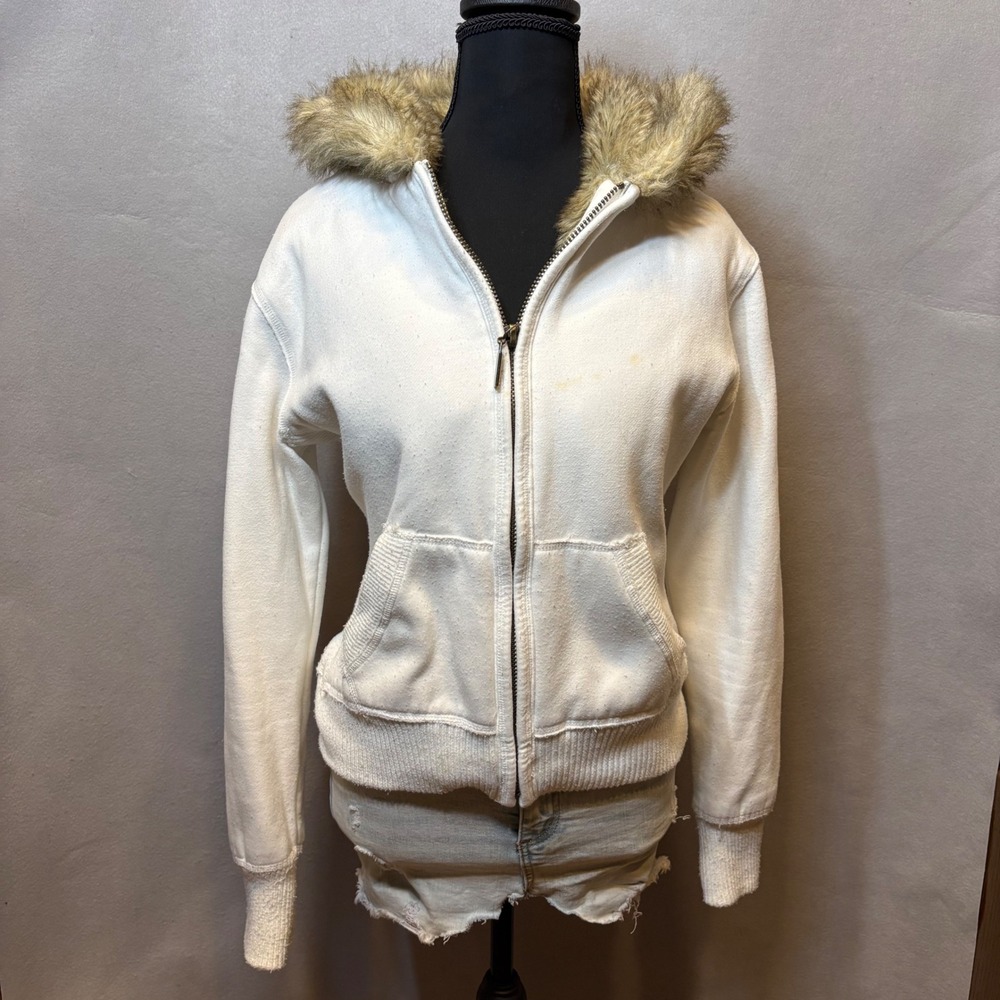 2000s Galt Sand White Faux Fur Lined Hooded Full Zip Sweatshirt Jacket Size L